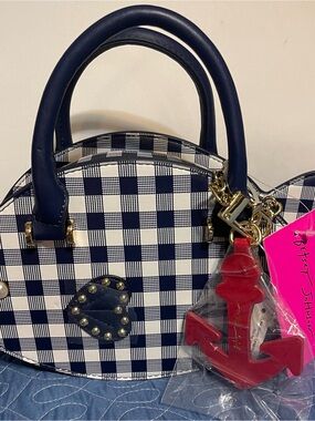 Betsey Johnson Navy and White Check Crossbody with Red Anchor Charm